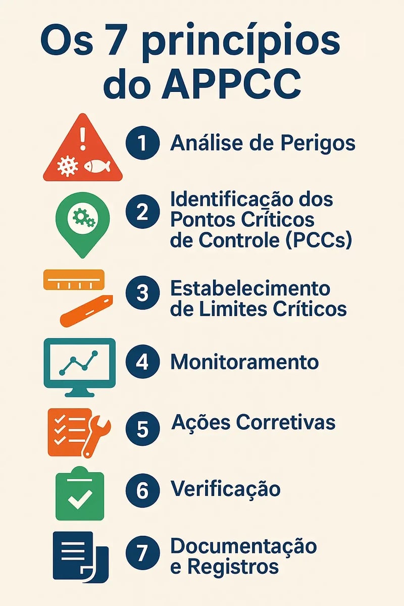 Infográfico ilustrando os 7 princípios do APPCC: análise de perigos, identificação dos PCCs, estabelecimento de limites críticos, monitoramento, ações corretivas, verificação e documentação e registros.