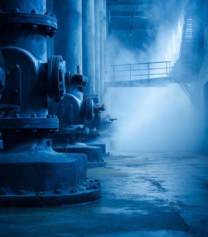 Área interna de infraestrutura hidráulica com tubulações e vapor, simbolizando falhas operacionais que podem causar desastres ambientais