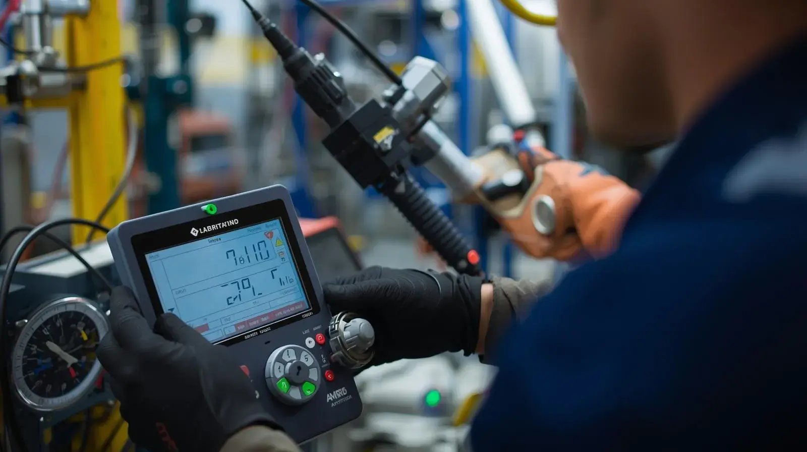 Técnico realizando calibração de instrumentos industriais com equipamento digital de medição e tela de precisão.