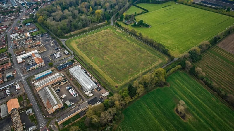 Vista aérea de uma planta industrial antiga ao lado de áreas verdes, ilustrando um projeto Greenfield e Brownfield.