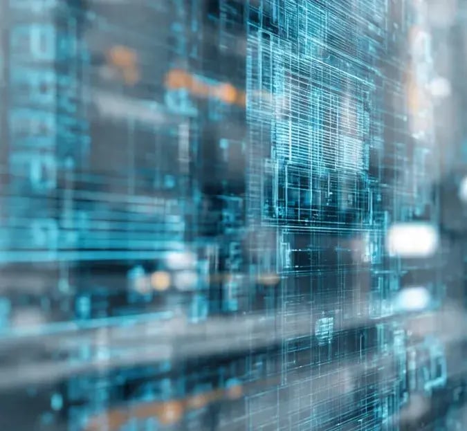 Visualização digital em tons de azul com circuitos e dados, simbolizando tecnologia usada para aplicar a Matriz GUT na priorização da manutenção.