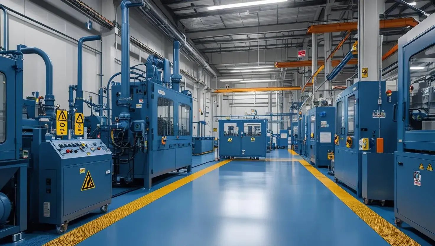 Normas de manutenção industrial2 Linha de produção industrial organizada com máquinas modernas e sinalização de segurança, representando a aplicação das normas de manutenção industrial