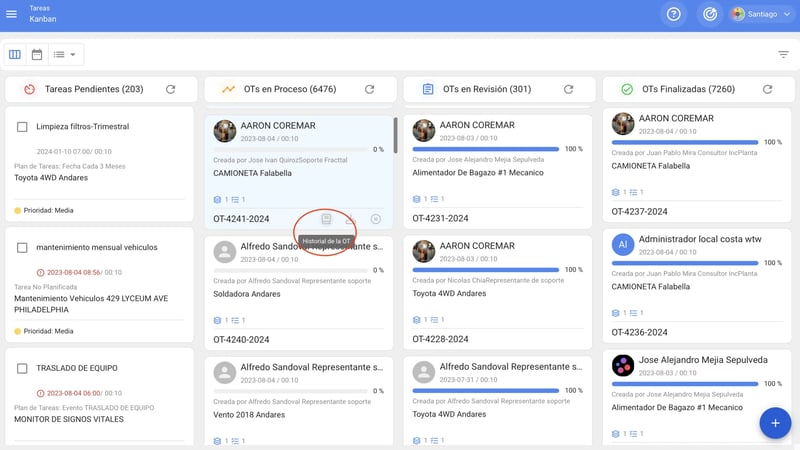 vista Kanban de OTs en Fracttal One con aceso al historial de OTs