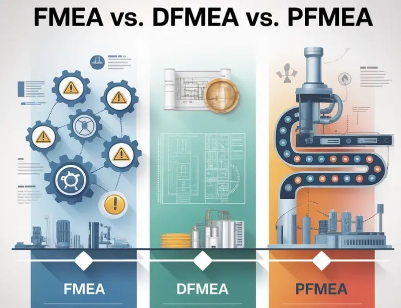 Comparação entre FMEA, DFMEA e PFMEA mostrando diferenças de aplicação.