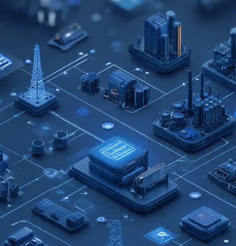 Visualização em 3D de uma rede industrial inteligente, mostrando torres, máquinas e estruturas conectadas por tecnologia SCADA para monitoramento e controle remoto de operações.