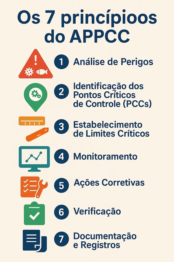 Infográfico ilustrando os 7 princípios do APPCC: análise de perigos, identificação dos PCCs, estabelecimento de limites críticos, monitoramento, ações corretivas, verificação e documentação e registros.