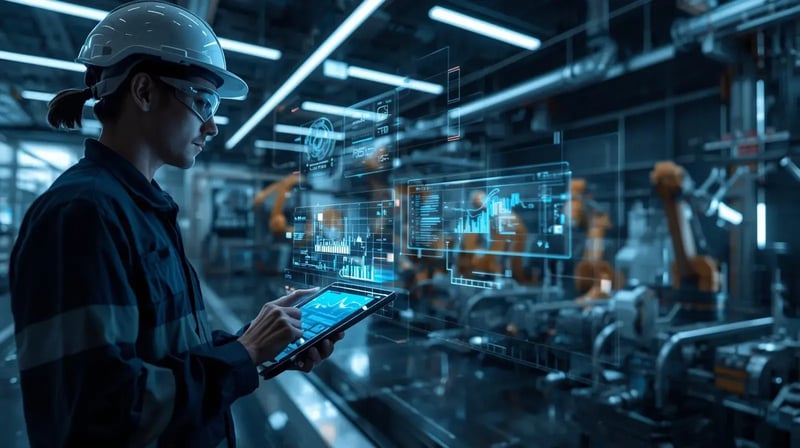 Profissional usando IoT e edge computing para otimizar processos de manutenção industrial.