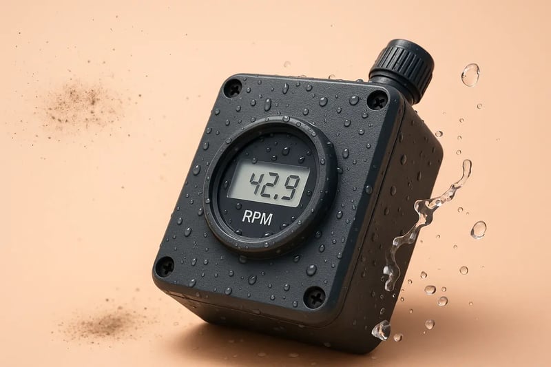 Sensor industrial com proteção IP64, visor digital exibindo 42.9 RPM, coberto por gotas de água e cercado por partículas de poeira, simbolizando resistência em ambientes exigentes.