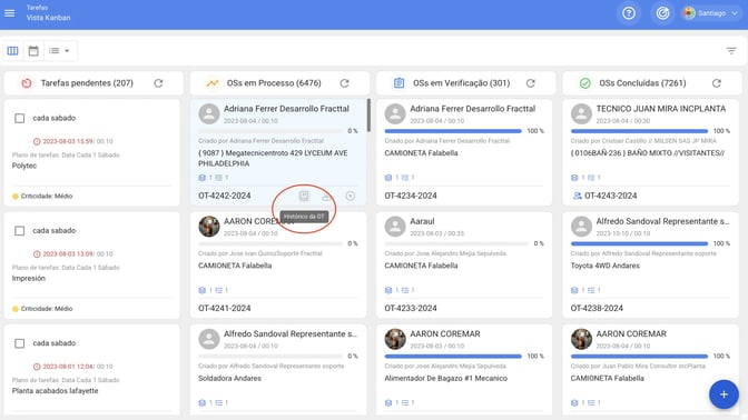 Vista Kanban do Fracttal One com acesso para o histórico das OS