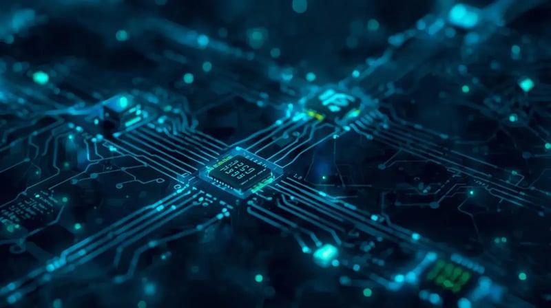 Circuito eletrônico futurista representando conectividade IoT industrial e troca de dados entre sensores inteligentes.