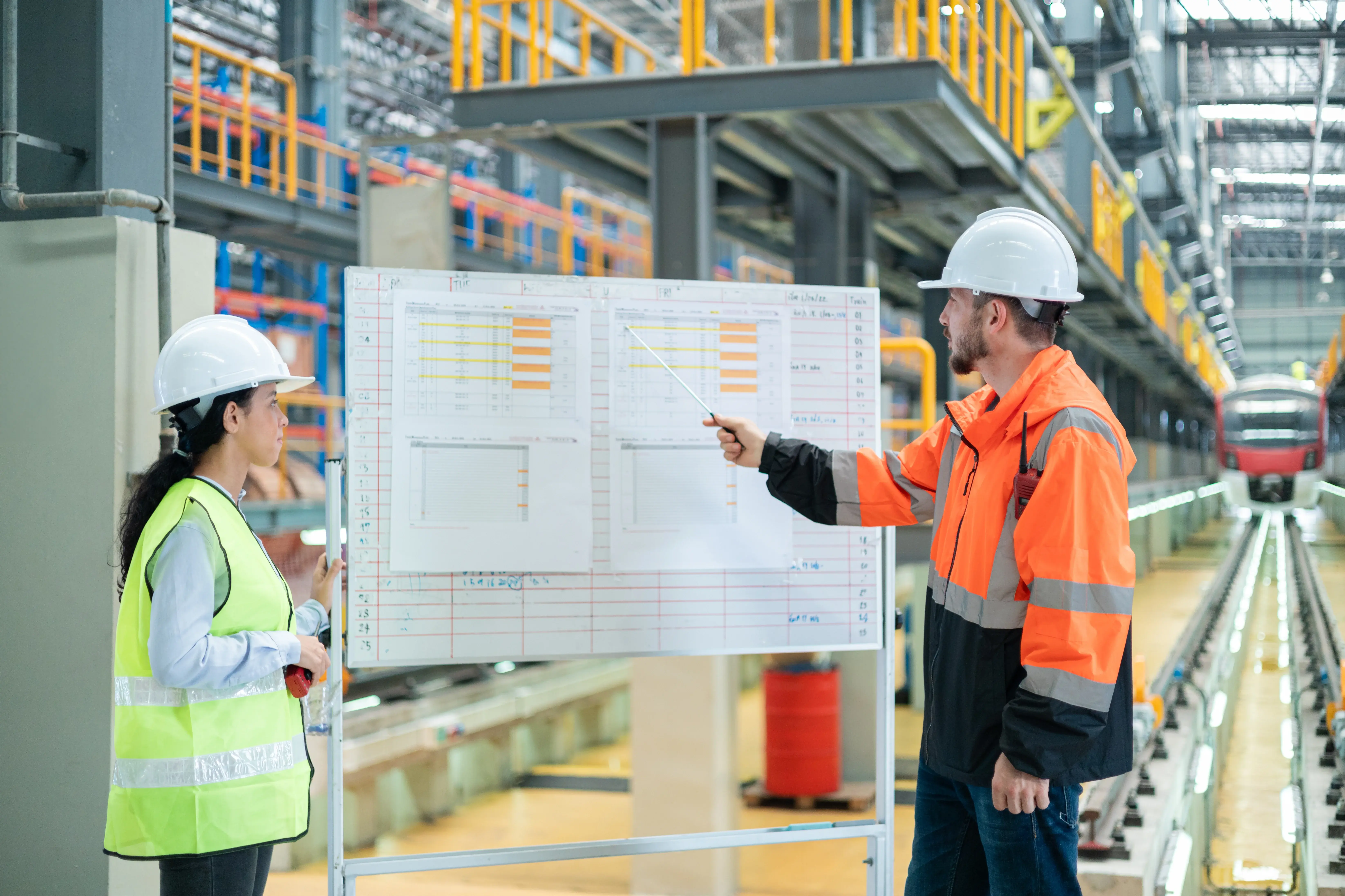 Técnicos de manutenção industrial avaliando equipamentos e planejamento de manutenção preventiva em ambiente industrial