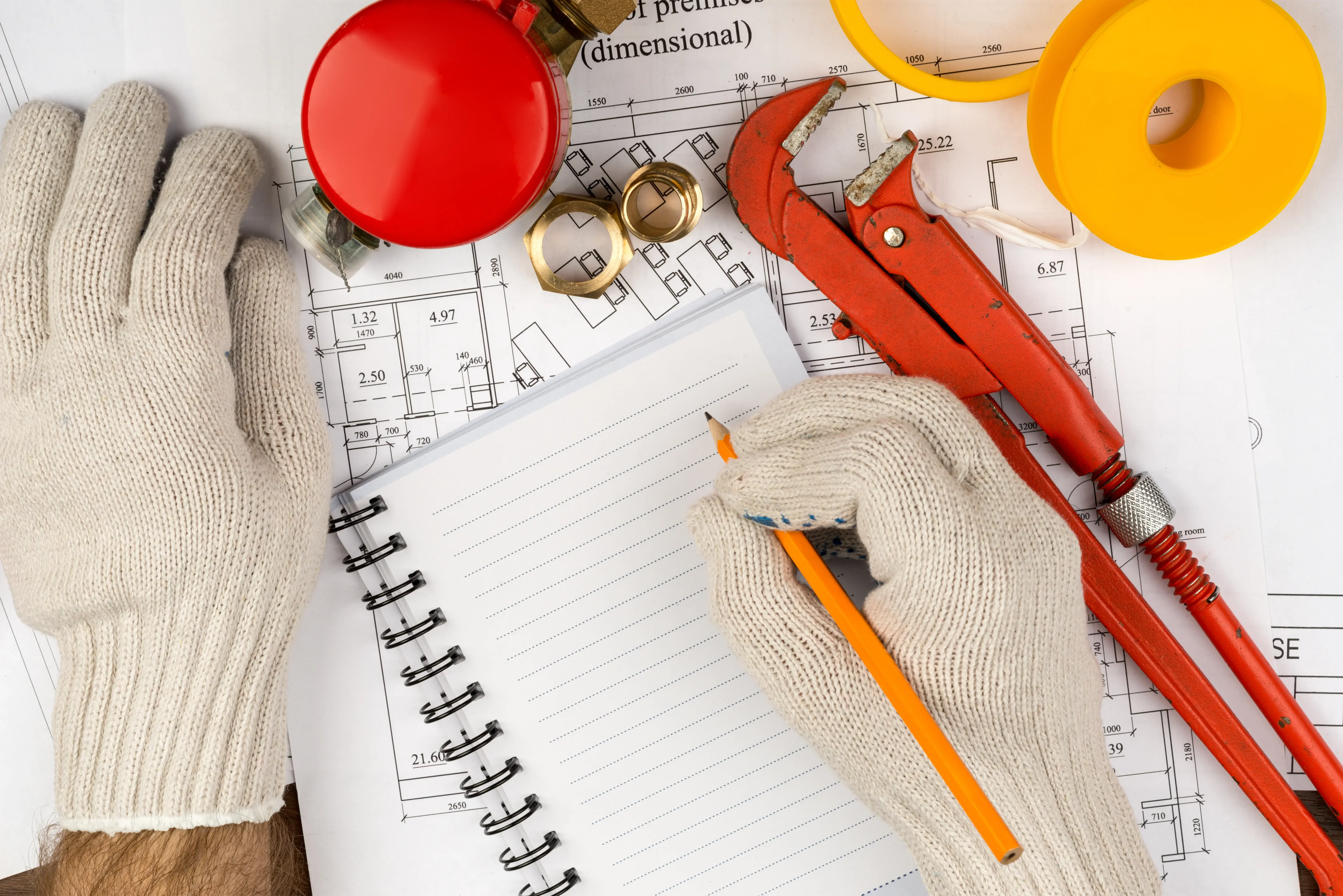 Plano de manutenção sendo elaborado em caderno com ferramentas de manutenção sobre projeto técnico de equipamentos