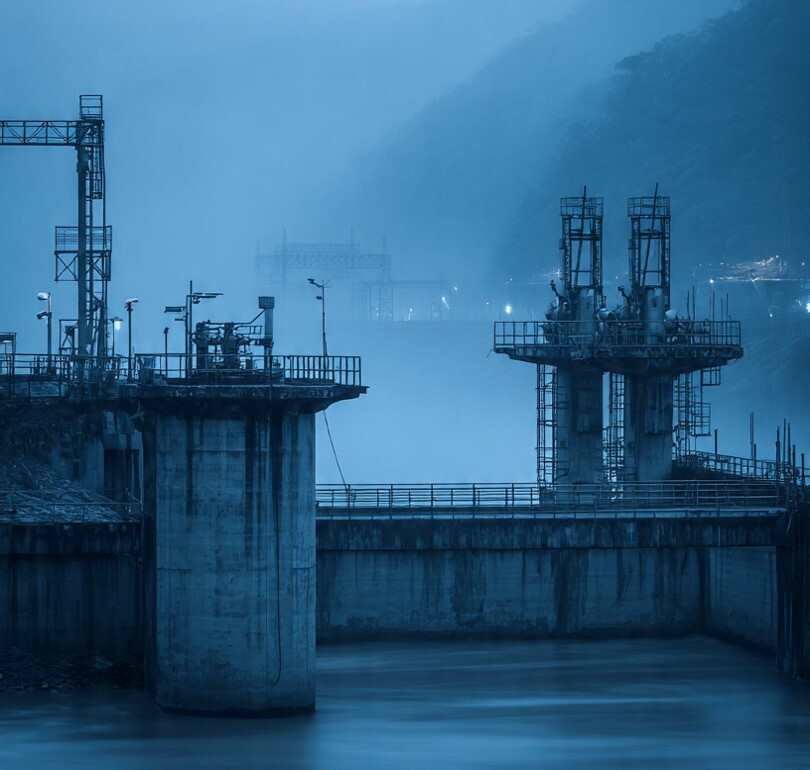Estrutura de barragem com neblina, destacando riscos e a importância da manutenção para evitar desastres ambientais