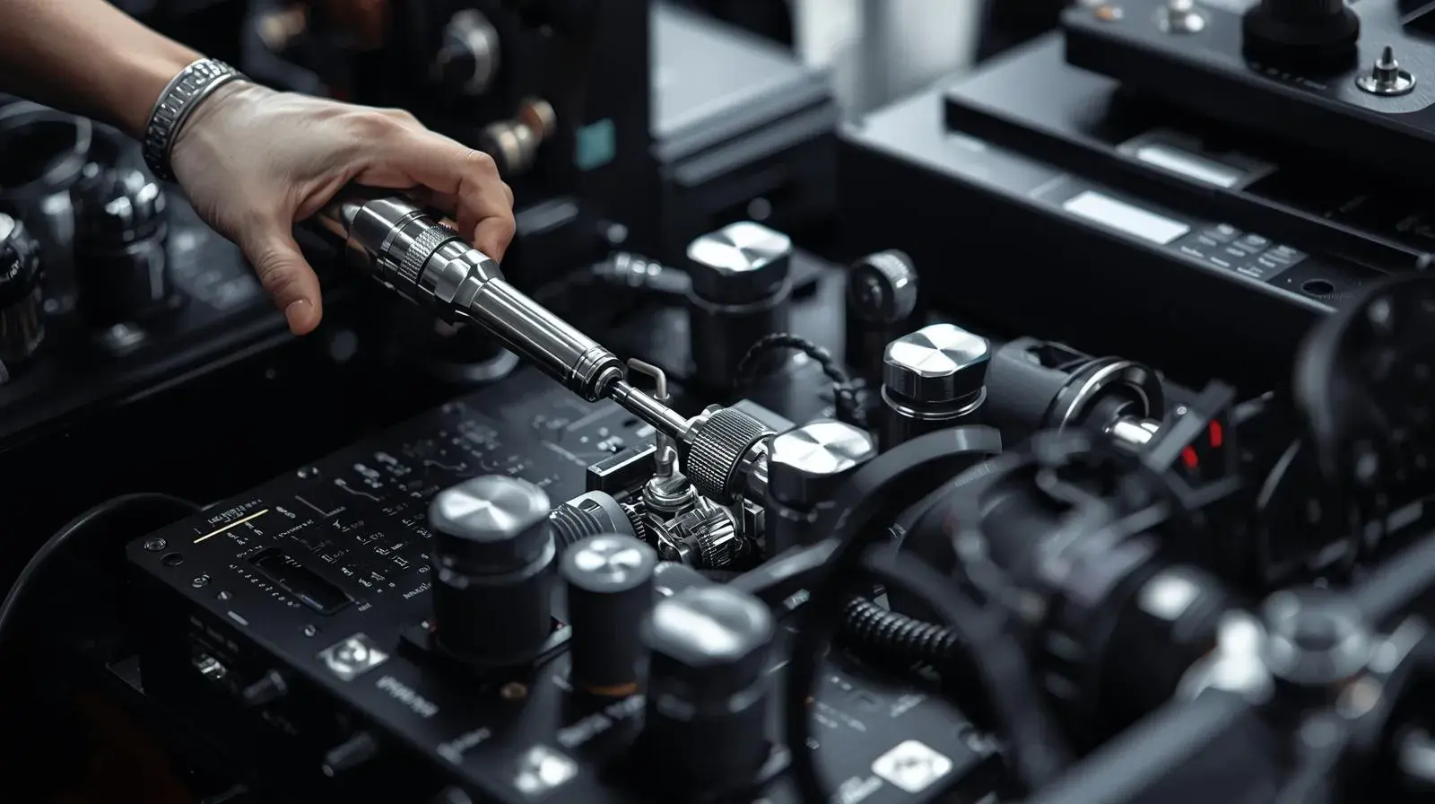 Processo de calibração de instrumentos industriais em bancada com ferramentas de medição e ajuste de torque.