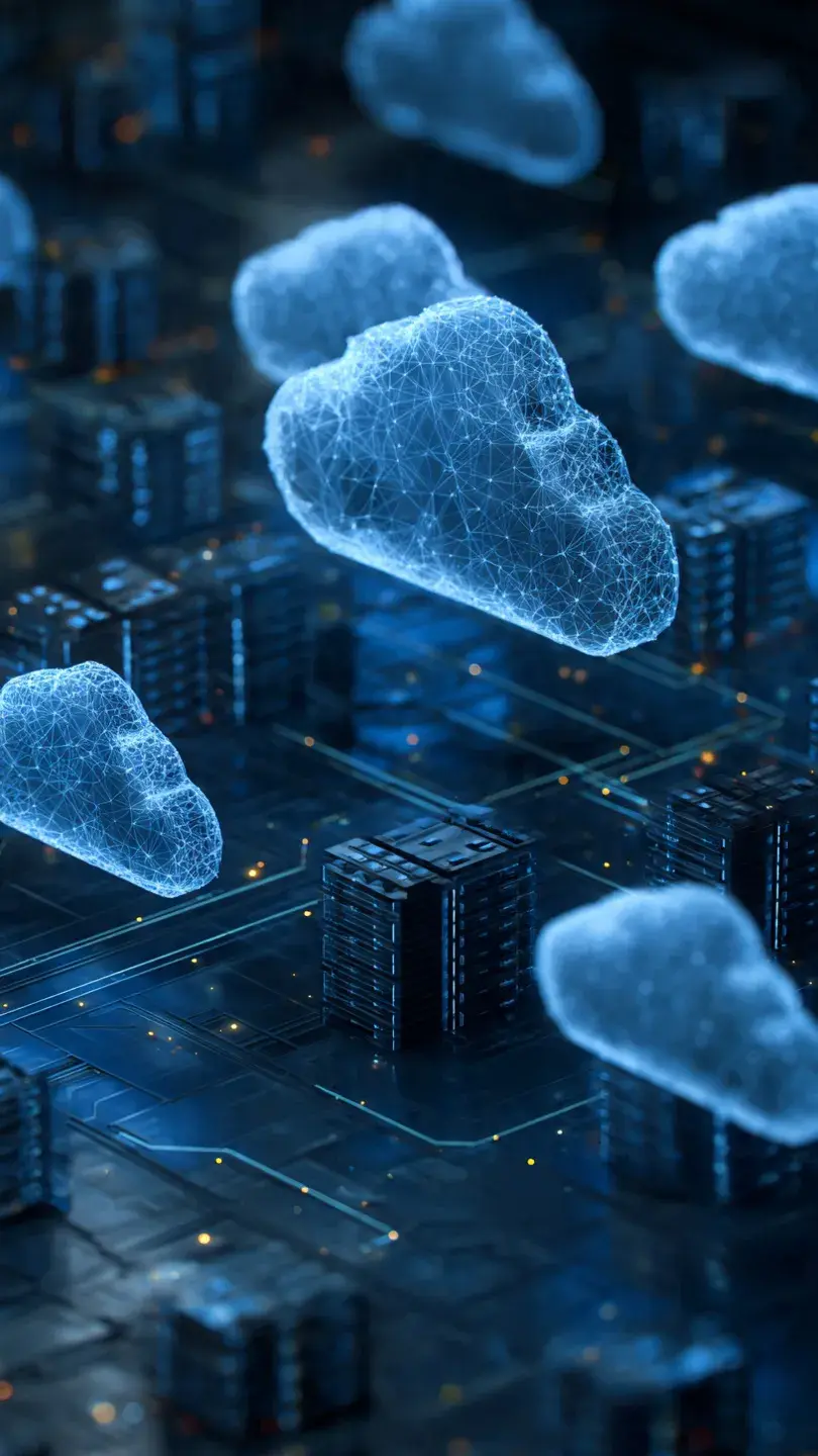 Ilustração mostrando nuvens digitais interconectadas sobre uma placa de circuito, simbolizando o conceito de cloud computing e transferência de dados.
