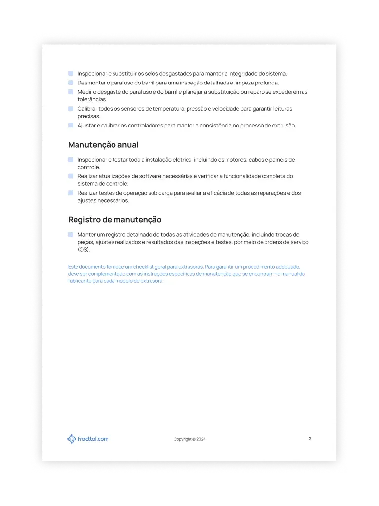 Checklist: Extrusora de plástico