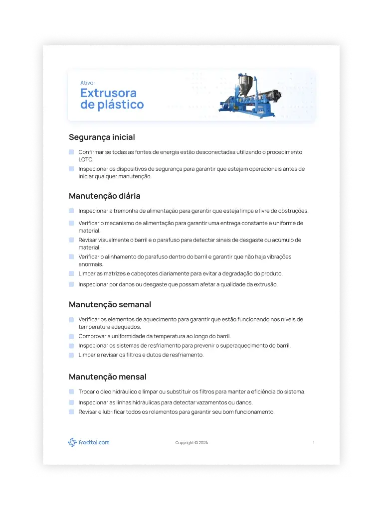 Checklist: Extrusora de plástico