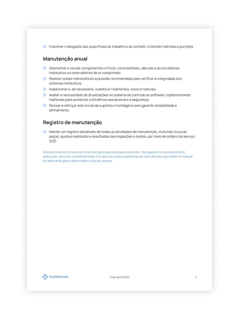Checklist: Prensa hidráulica/pneumática