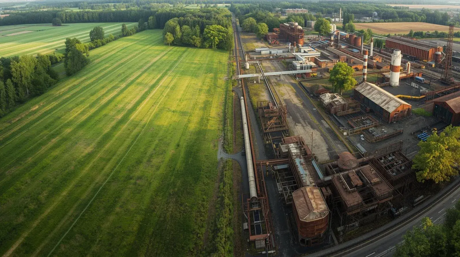 Vista aérea de área industrial com galpões e um terreno vazio, representando um projeto Greenfield e Brownfield