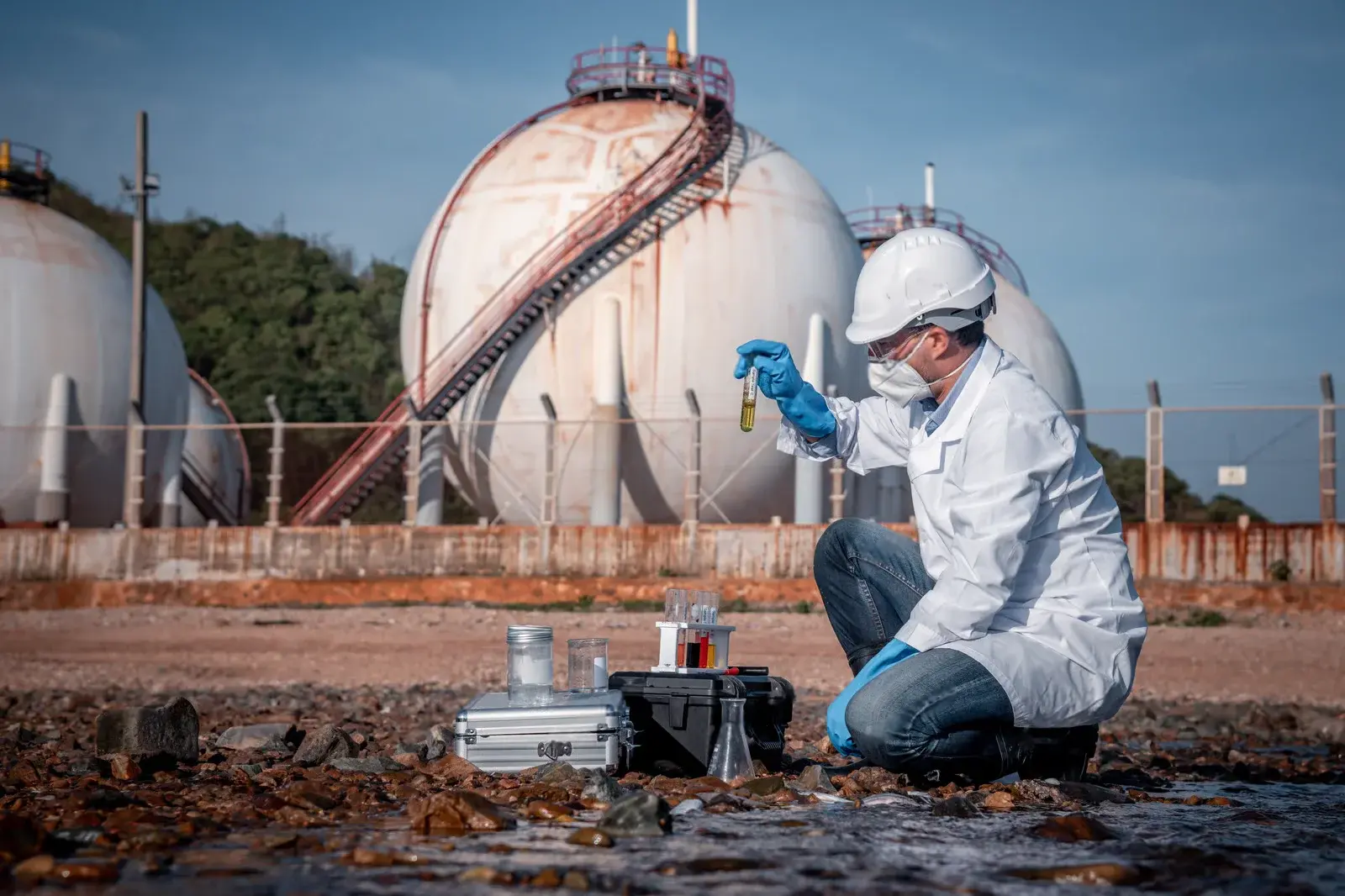 Técnico analizando una muestra de aceite tomada de un activo en campo.
