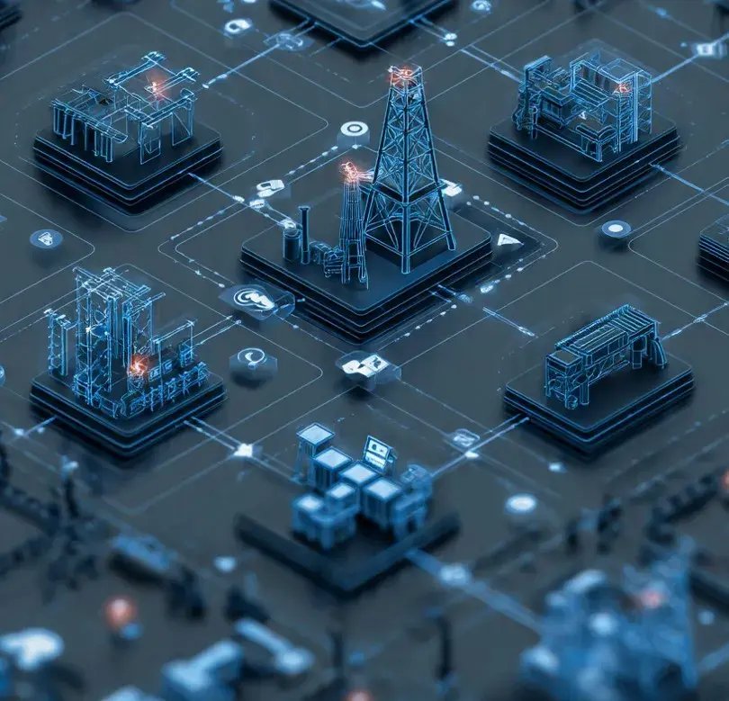 Representação digital de uma planta industrial conectada por sensores e sistemas automatizados, ilustrando o funcionamento do SCADA com comunicação em tempo real entre máquinas e processos.