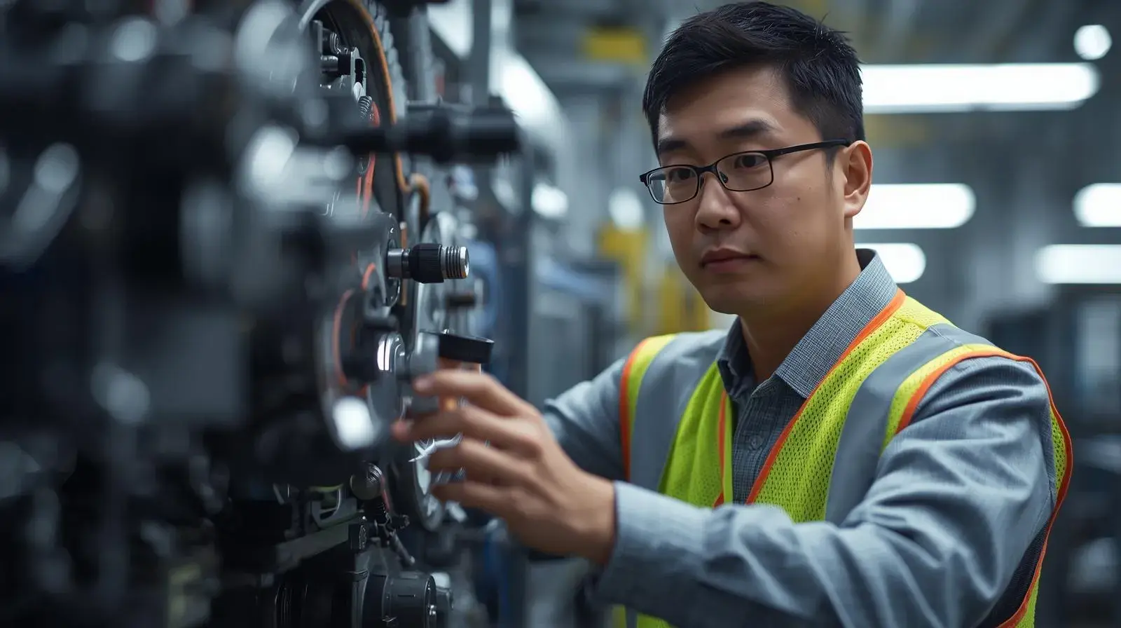 Técnico conduzindo análise de falhas mecânicas em equipamento industrial, inspecionando peça para prevenir recorrências.