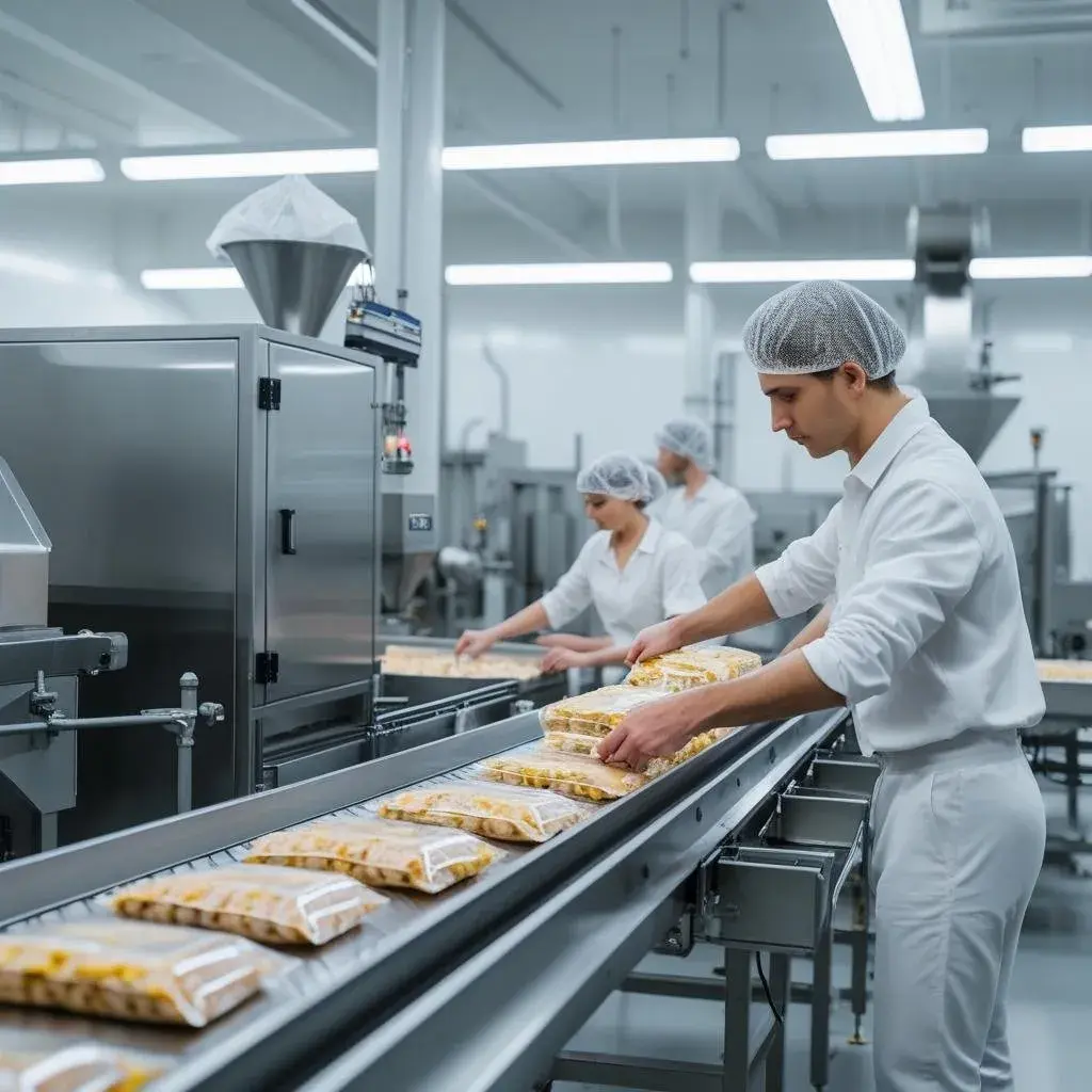 Funcionários de indústria alimentícia em linha de produção, embalando alimentos e aplicando práticas de segurança conforme o sistema APPCC.
