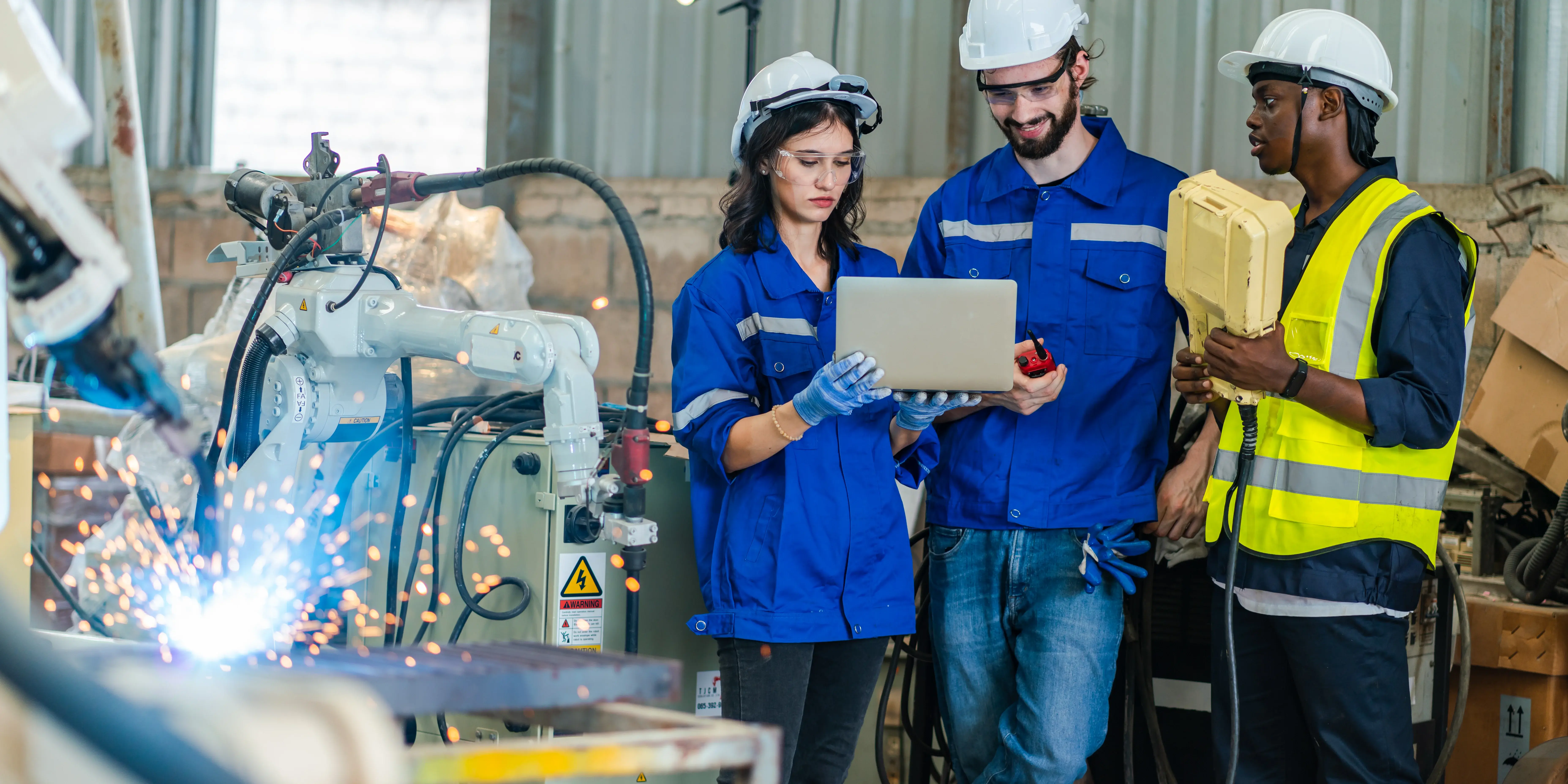 Técnicos na indústria com capacete utilizam tablet conectado ao CMMS ERP para acompanhar equipamentos.