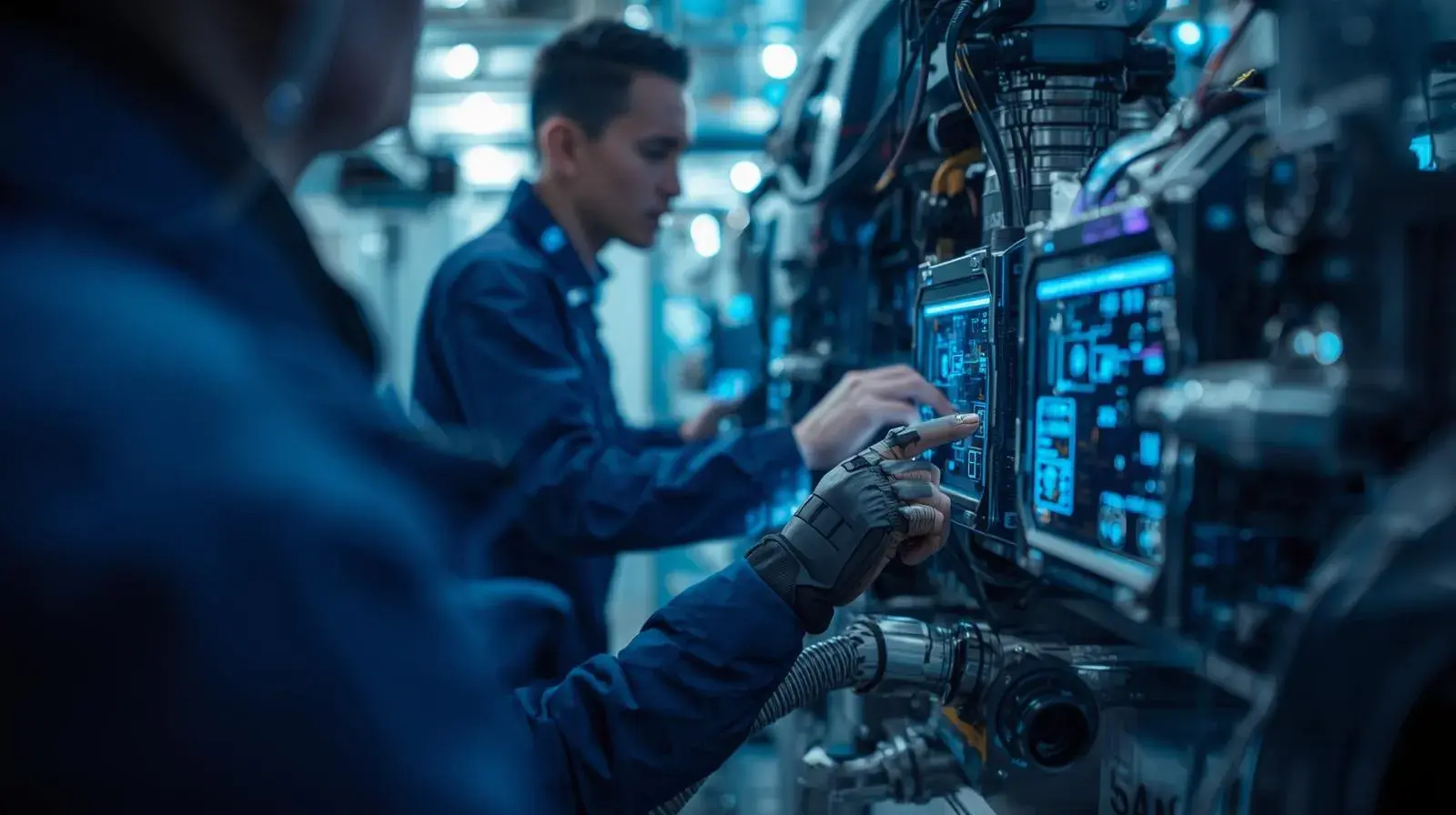 Operários usando tecnologia de edge computing em equipamentos de manutenção industrial.