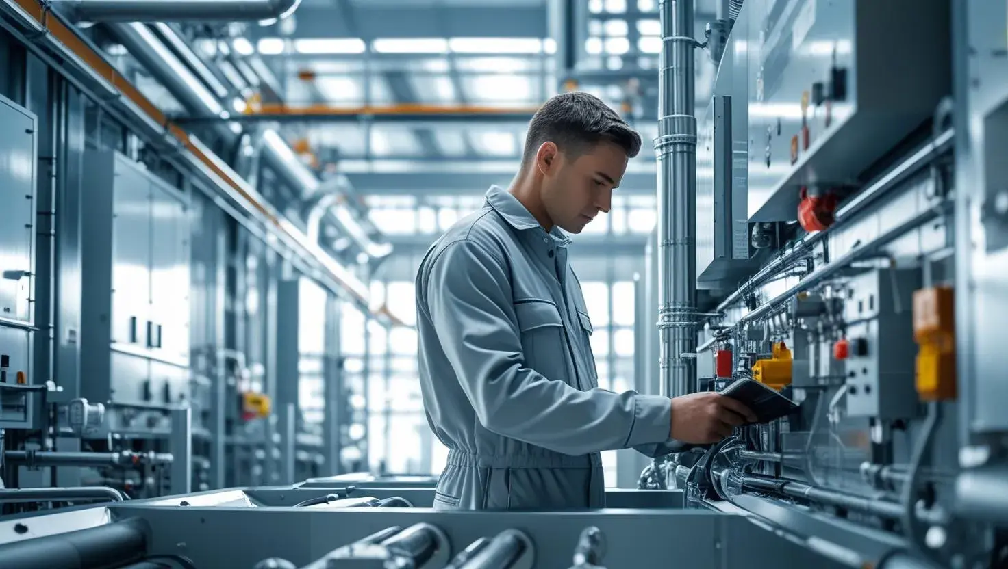 Profissional utilizando ferramentas de manutenção industrial para inspeção e controle de máquinas na indústria.