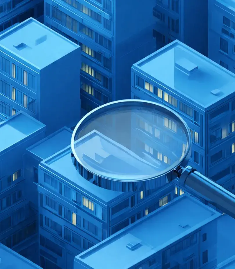 Lupa sobre edifícios representando a inspeção predial e o monitoramento da segurança das construções.