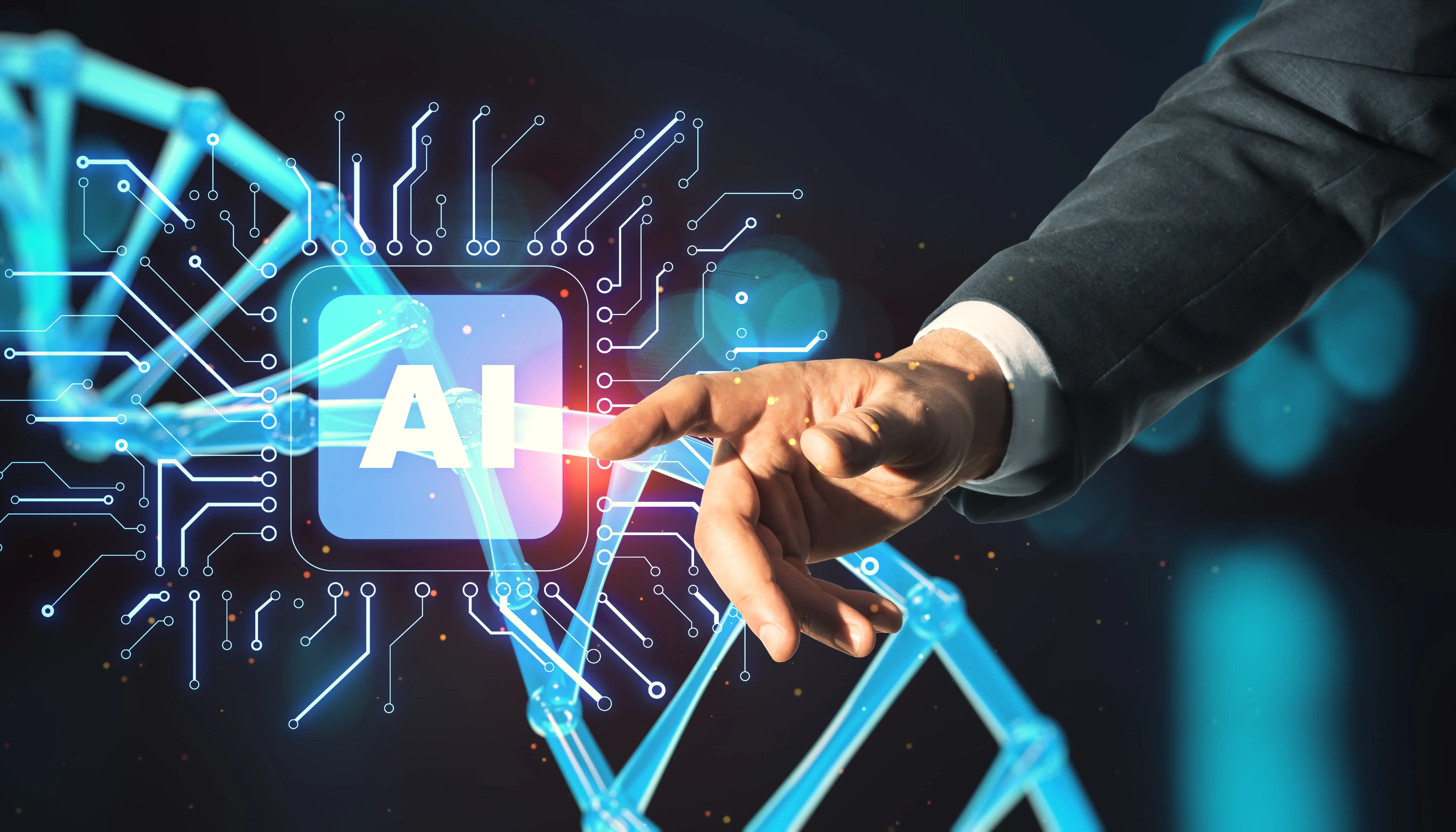 Interface digital representando inteligência artificial na indústria com algoritmos analisando dados para automação