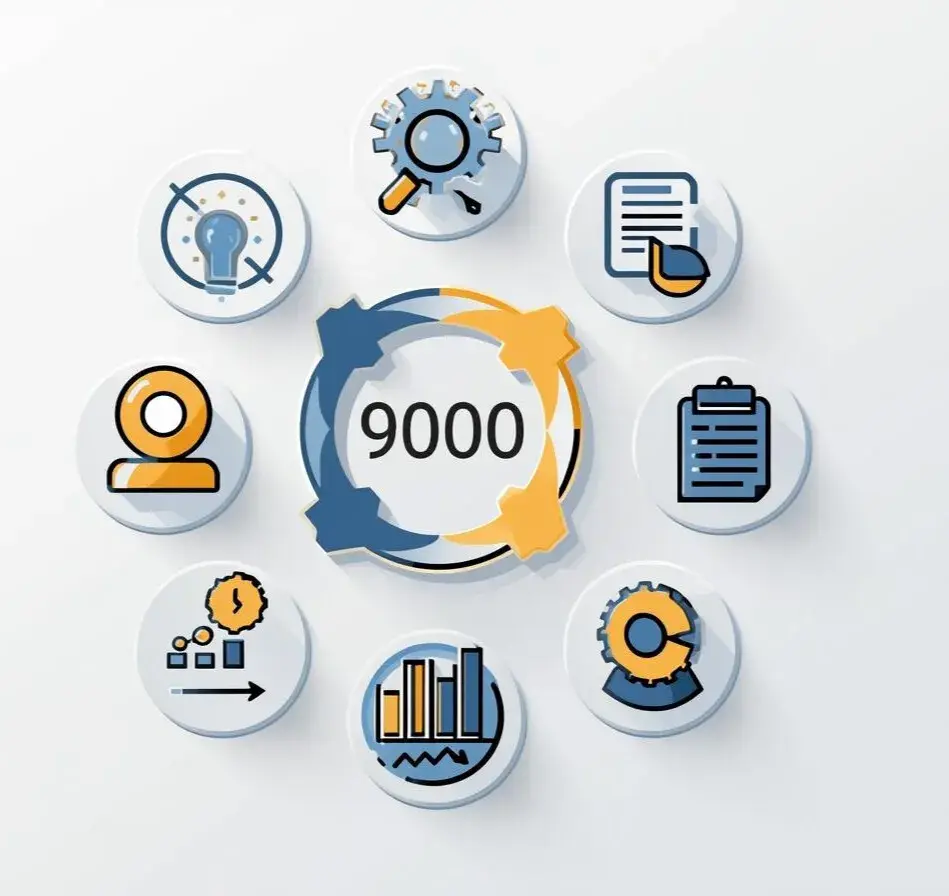 Ilustração da ISO 9000 com ícones de qualidade, manutenção, documentos e processos representando a gestão da qualidade nas empresas.