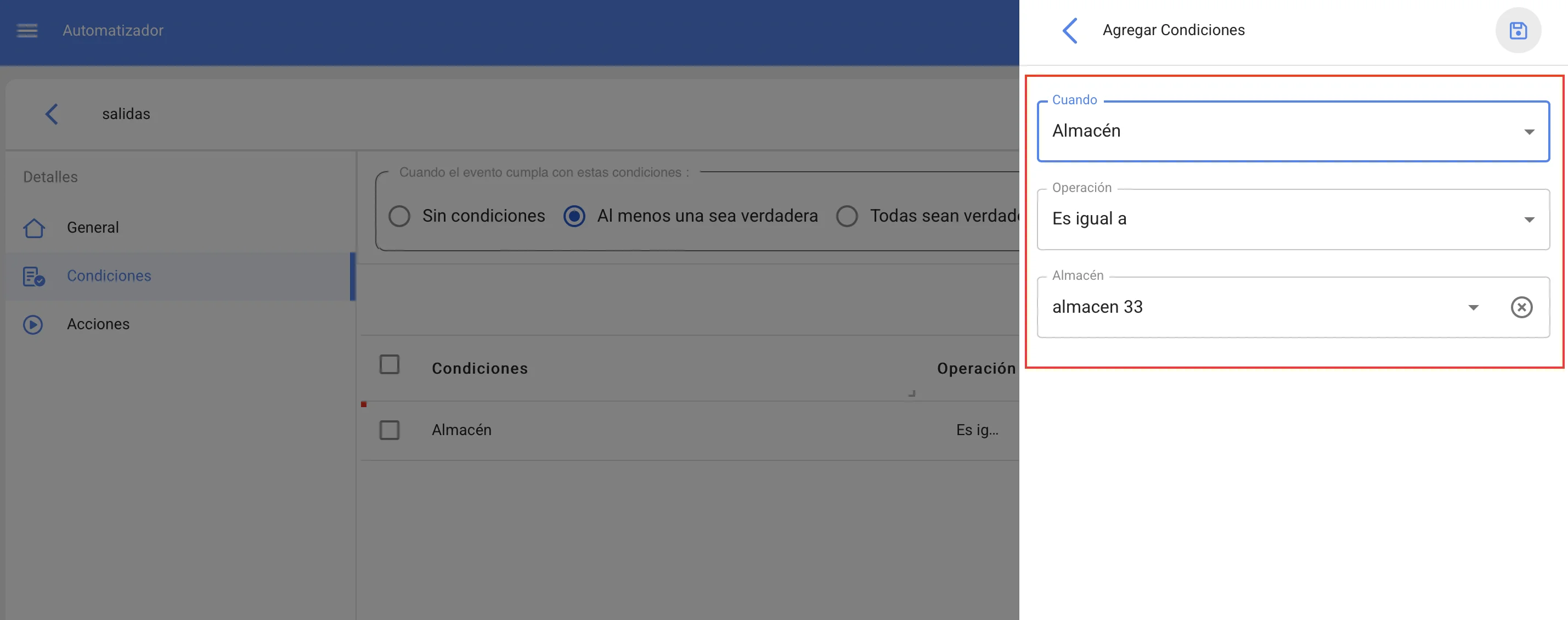nueva salida modulo de almacenes